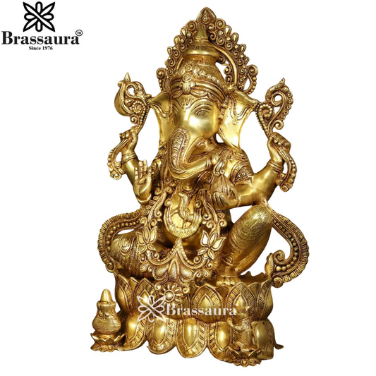 Brassaura® Ganesh Brass Murti Sitting on Lotus | Pure Brass | Height 21 Inches