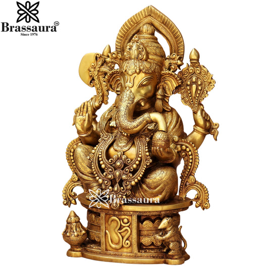 Brassaura® Exquisite Golden Brass Ganesha Statue | Intricate Ornamental Design | Height 24 Inches