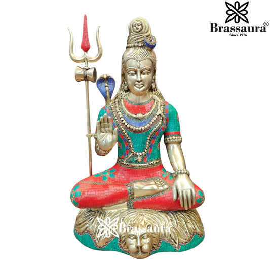 Brassaura™ Handcrafted Lord Shiva Brass Idol with Gem Embellishments – Height 34 Inches & 37 Kgs