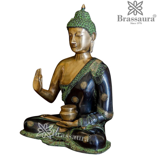 Brassaura® Buddha Sitting in Abhaya Mudra with Black, Green & Antique Gold Finish | Pure Superfine Brass Handcrafted Murti | Brass Statue for Home Temple, Pooja Room | Height 23 Inches | Weight 20 Kgs