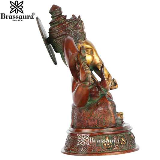 Brassaura® Lalitasana Lord Ganesha Idol | Brass Statue with Multicolor Finish | Height 10 Inches