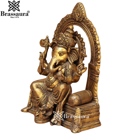 Brassaura® Chola Inspired Ganesha Brass Idol | Ornate Throne Design | Height 16 Inches
