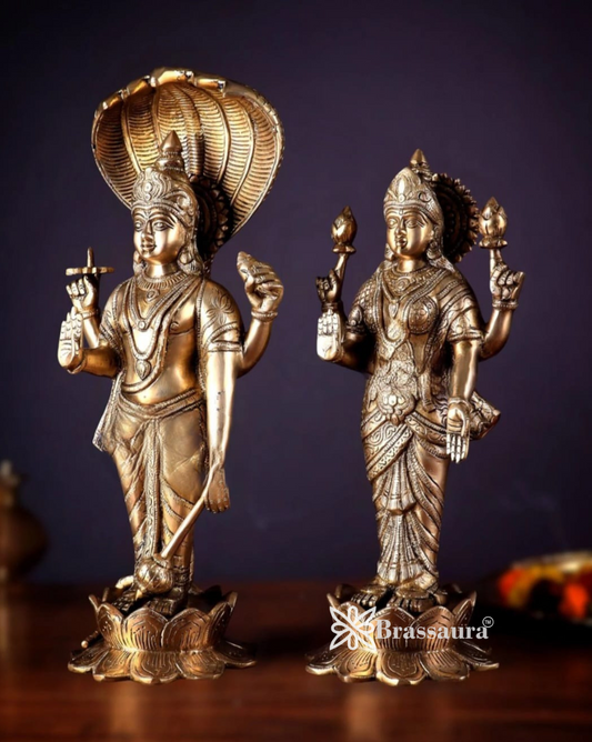 Brassaura® Vishnu-Lakshmi Brass Idols Pair 17.5-Inch – Symbol of Divine Grace & Eternal Blessings for Home Temple & Spiritual Decor