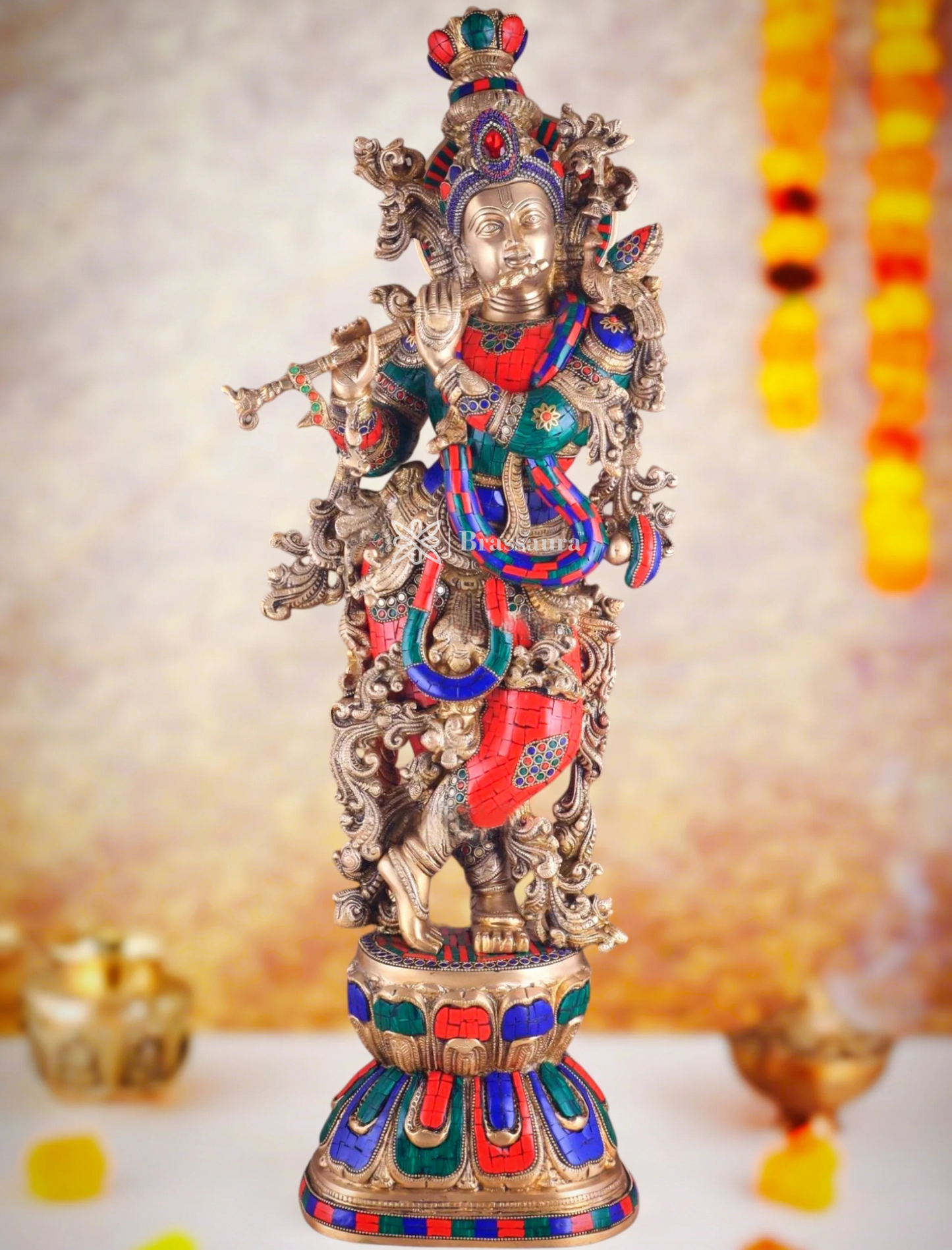 Brassaura™ Pure Brass Lord Krishna Statue with Stonework – Height 30 Inches & Weight 17.5 Kgs