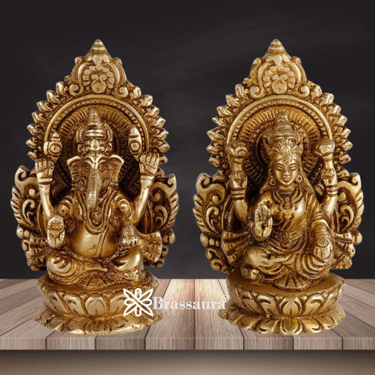 Brassaura™ Elegant Brass Laxmi Ganesha Idol – Height 5.5 Inches & Weight 1.8 Kgs | Devotional Home Décor