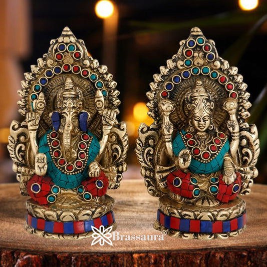Brassaura™ Brass Gem Stone Work Laxmi Ganesha Idol – Height 5.5 Inches & Weight 1.8 Kgs | Hindu God Statue