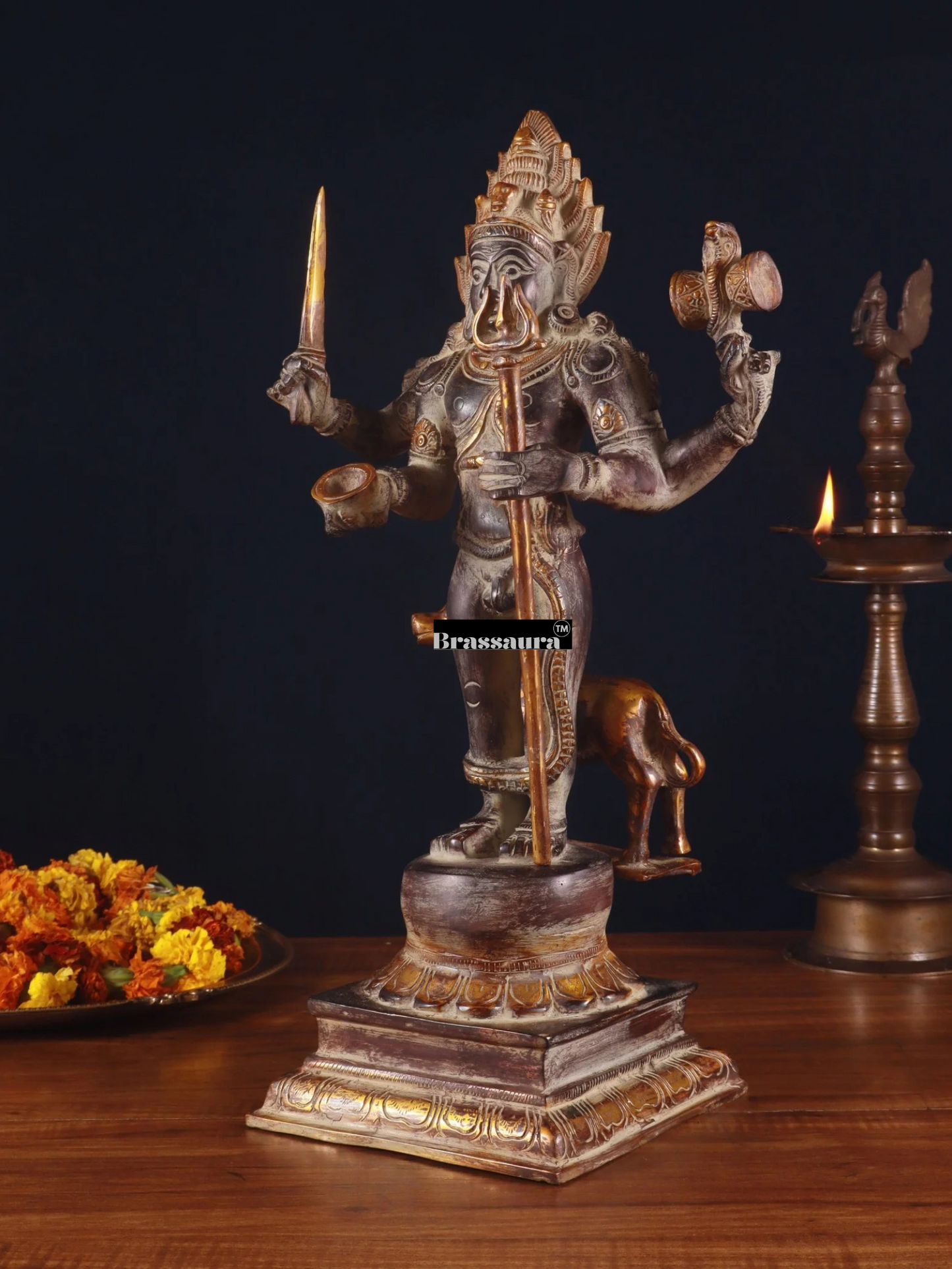Brassaura™ Superfine Brass Kala Bhairava Statue with Vahana Dog – Height 17.5 inches | Weight 9 kgs