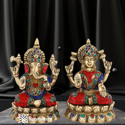 Brassaura™ Traditional Brass Gem Stone Work Laxmi Ganesha Murti – Height 5 Inches &  Weight 2.9 Kgs | Home &amp; Temple Idol