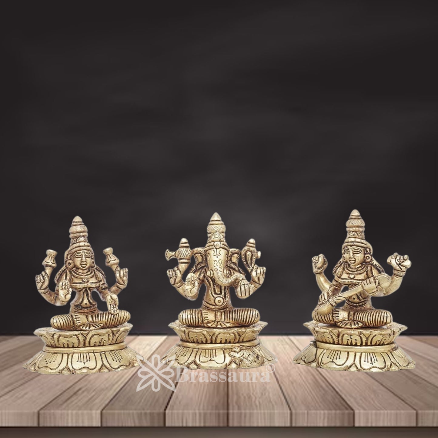 Brassaura™ Classic Brass Laxmi Ganesha Saraswati Statue – Height 3 Inches & Weight 1 Kgs | Devotional Décor
