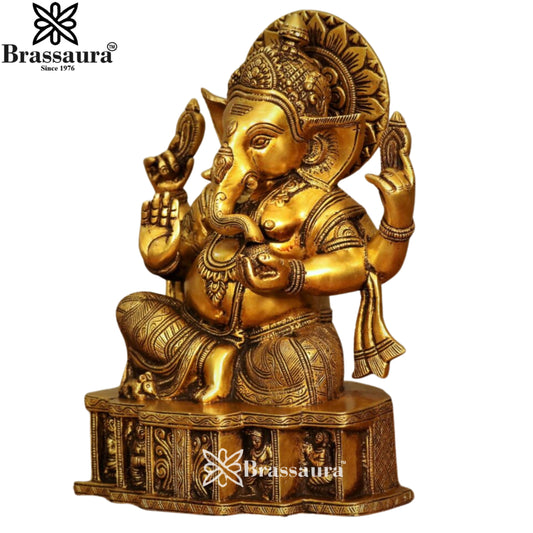 Brassaura® Golden Superfine Sitting Lord Ganesha | Brass Idol | Height 12.5 Inches