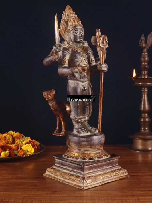 Brassaura™ Superfine Brass Kala Bhairava Statue with Vahana Dog – Height 17.5 inches | Weight 9 kgs