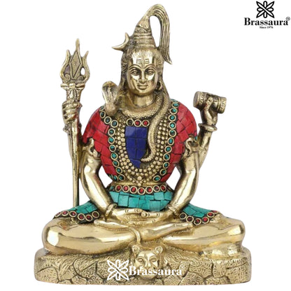 Brassaura™ Luxurious Brass Lord Shiva Murti with Gemstones – Height 9 Inches & Weight 2.8 Kgs | Spiritual Décor