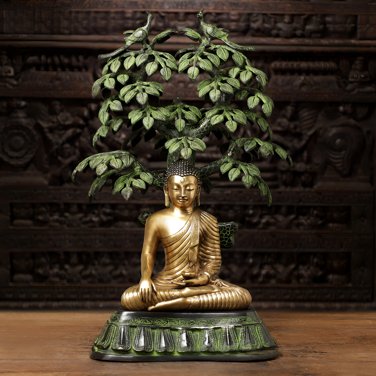 Brassaura™ Brass Buddha Statue in Bhumisparsha Mudra under Bodhisattva Tree – Height 30 Inches | Weight 37.12 Kgs | Golden & Green Finish