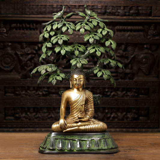 Brassaura™ Brass Buddha Statue in Bhumisparsha Mudra under Bodhisattva Tree – Height 30 Inches | Weight 37.12 Kgs | Golden & Green Finish