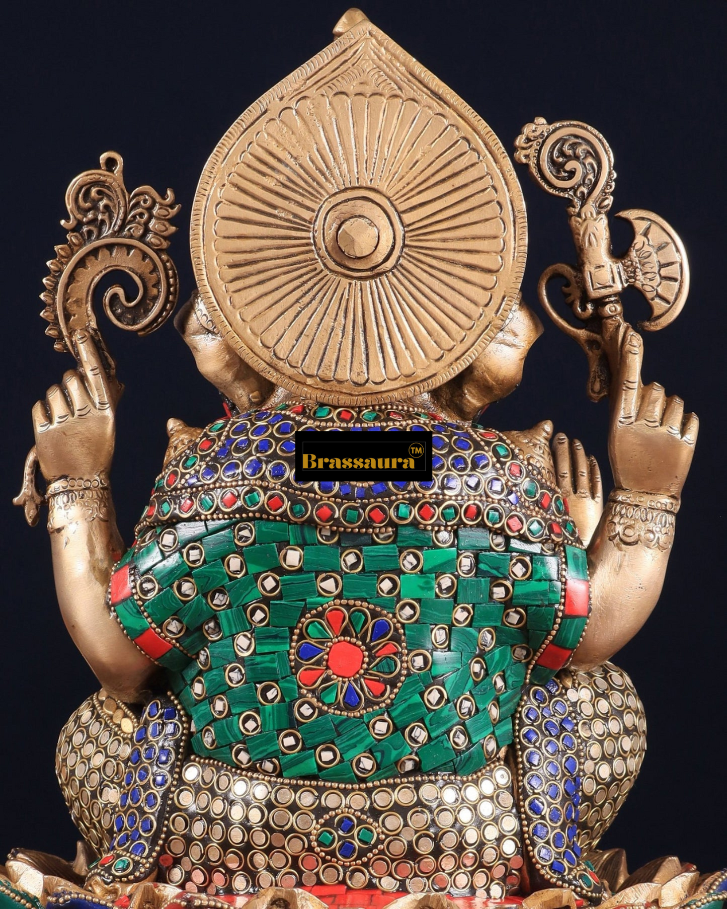 Brassaura™ Pure Brass Lotus Seated Ganesha Idol – 11 Inch Height | 8.5 kg | Intricate Stonework & Brass Rings | Spiritual Home Décor