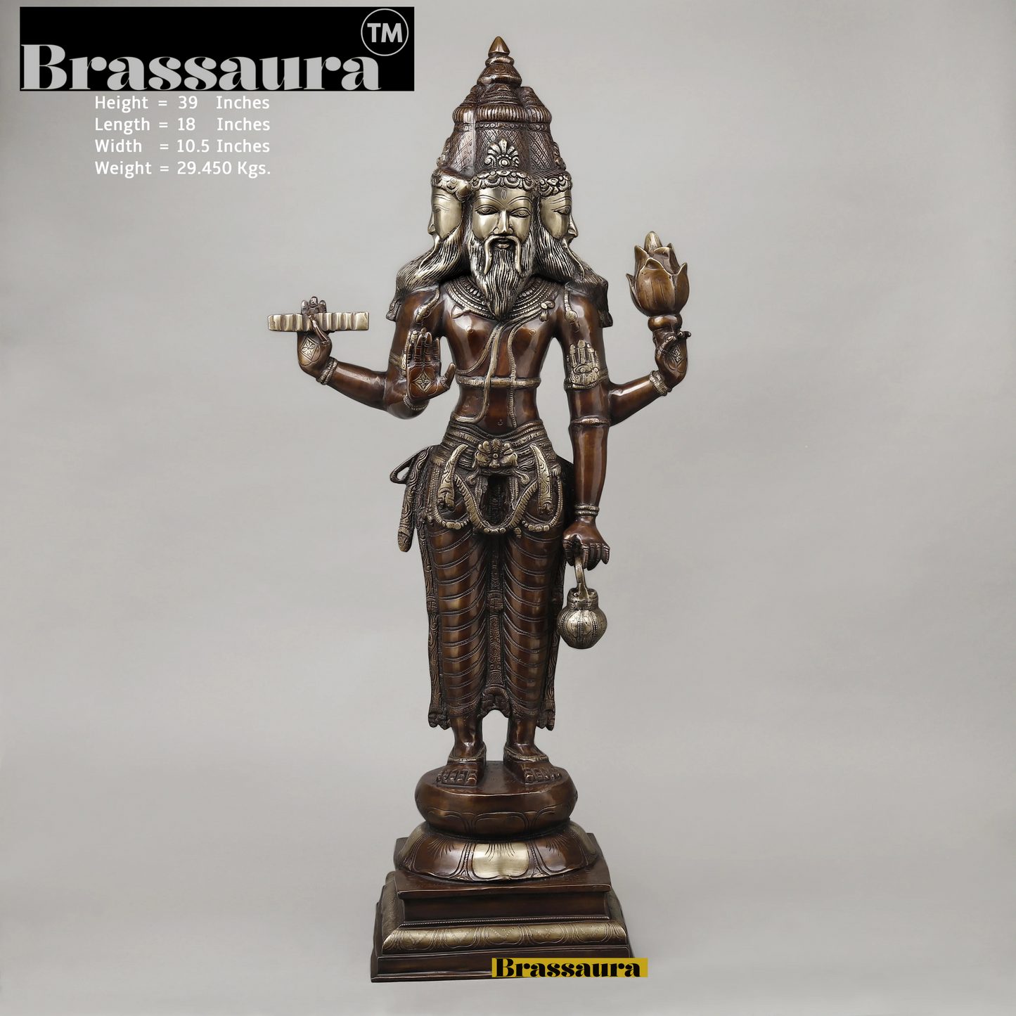 Brassaura™ Brass Brahma Dev Idol – Height 39 Inches & Weight 29.45 Kgs | Elegant Brass Deity Idol for Spiritual Ambience