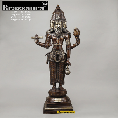 Brassaura™ Brass Brahma Dev Idol – Height 39 Inches & Weight 29.45 Kgs | Elegant Brass Deity Idol for Spiritual Ambience