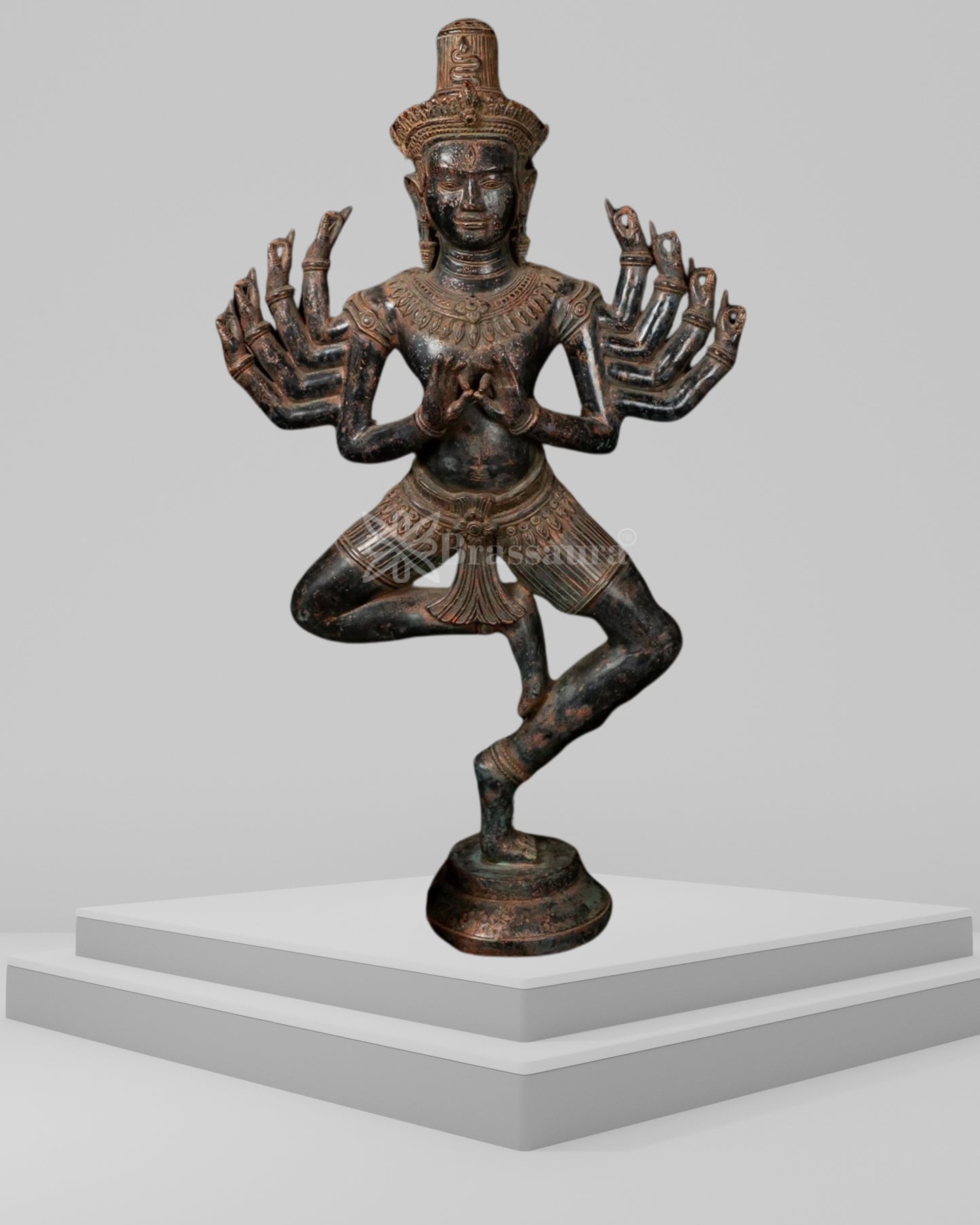 Bronze Antique Dancing Shiva With 10 Hand Statue Weight 12 Kg And Height 28.5 Inch