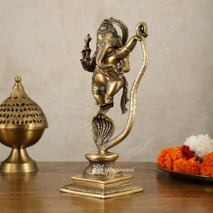 Brassaura™ Brass Ganesha Dancing on Vasuki Naag – 11.5" Height, 2.94 kg – Symbol of Divine Victory & Grace