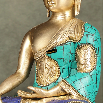 Brassaura™ Brass Buddha Statue with Intricate Stonework – Height 8 Inches & Weight 2 Kgs