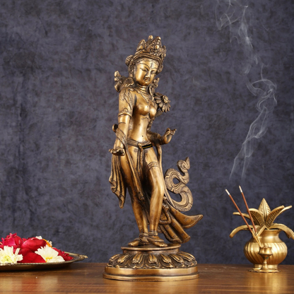 Brassaura™ Pure Brass Tibetan Standing Tara Devi Buddhist Goddess Idol – Height 15 Inches, Weight 4 Kgs