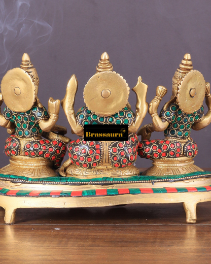 Brassaura™ Brass Ganesha Lakshmi Saraswati Idol – 6.2" Height, 3 kg – Auspicious Trio for Wealth, Wisdom & Success