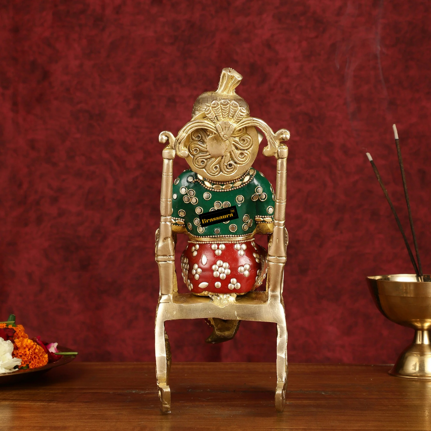Brassaura™ Pure Brass Reading Ganesha on Rocking Chair – Height 11 Inches, Weight 3.5 Kgs | Meenakari Art