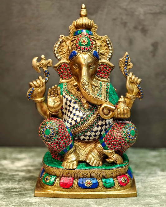 Brassaura™ 16-Inch Brass Ganapati Idol with Semi-Precious Stones – Weight 12.5 Kgs