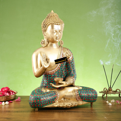 Brassaura™ Pure Brass Buddha Idol – Abhaya Mudra with Medicine Bowl – Height 20 Inches, Weight 20 Kgs