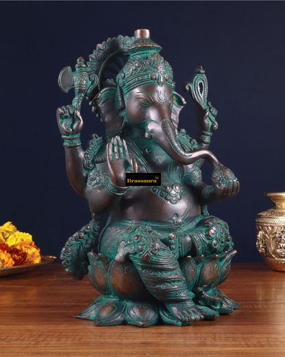 Brassaura™ Handcrafted Pure Brass Ganesha Idol with Bronze & Mud Green Patina – 12.25" Height, 8 kg – Lotus Base Divine Décor