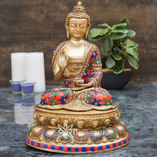 Brass Blessing Gem Stone Work Buddha Weight 5 kg & Height 13 Inch
