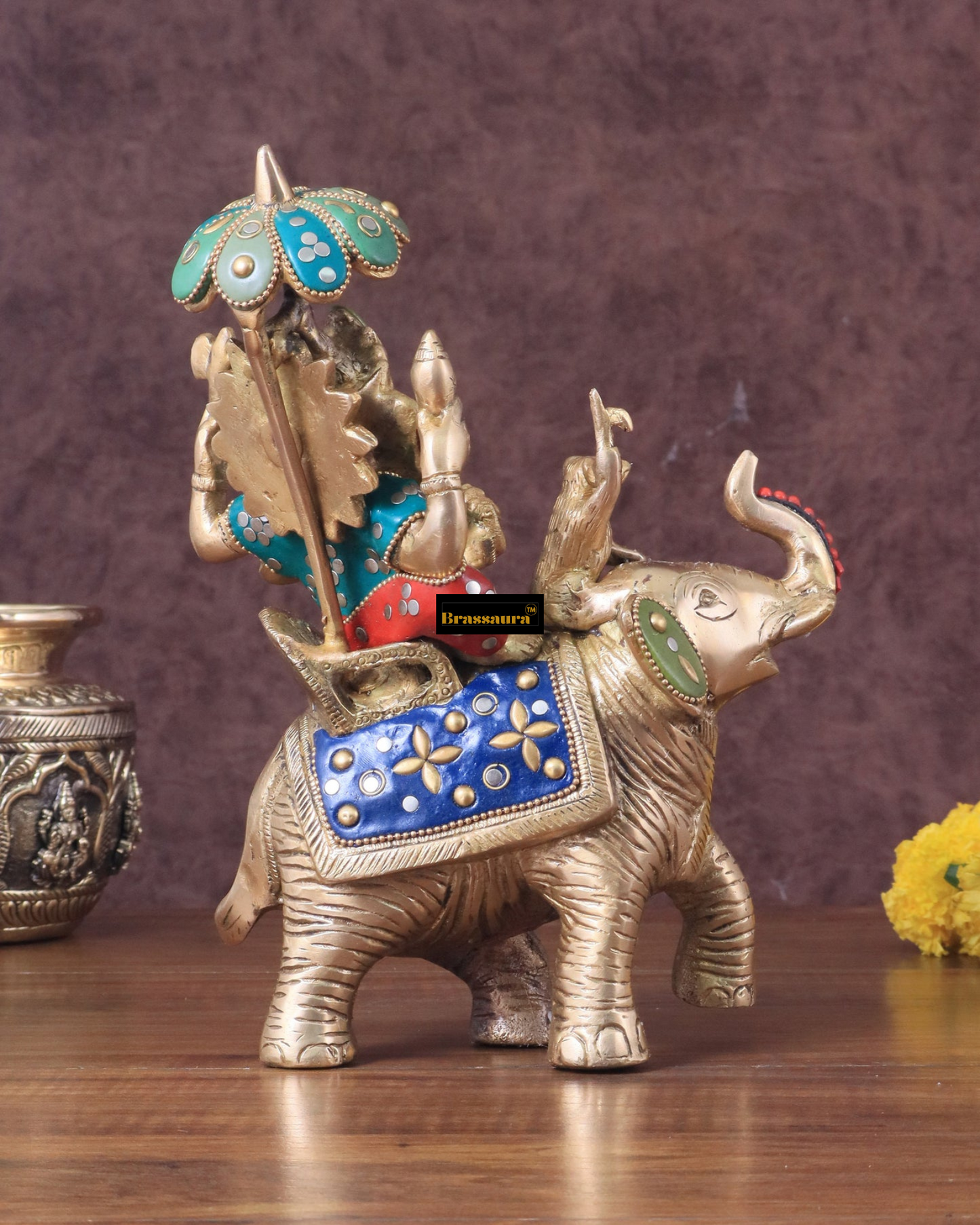Brassaura™ Handcrafted Brass Ganesha on Ambari – 9.5" Height, 3 kg – Meenakari Stonework Idol