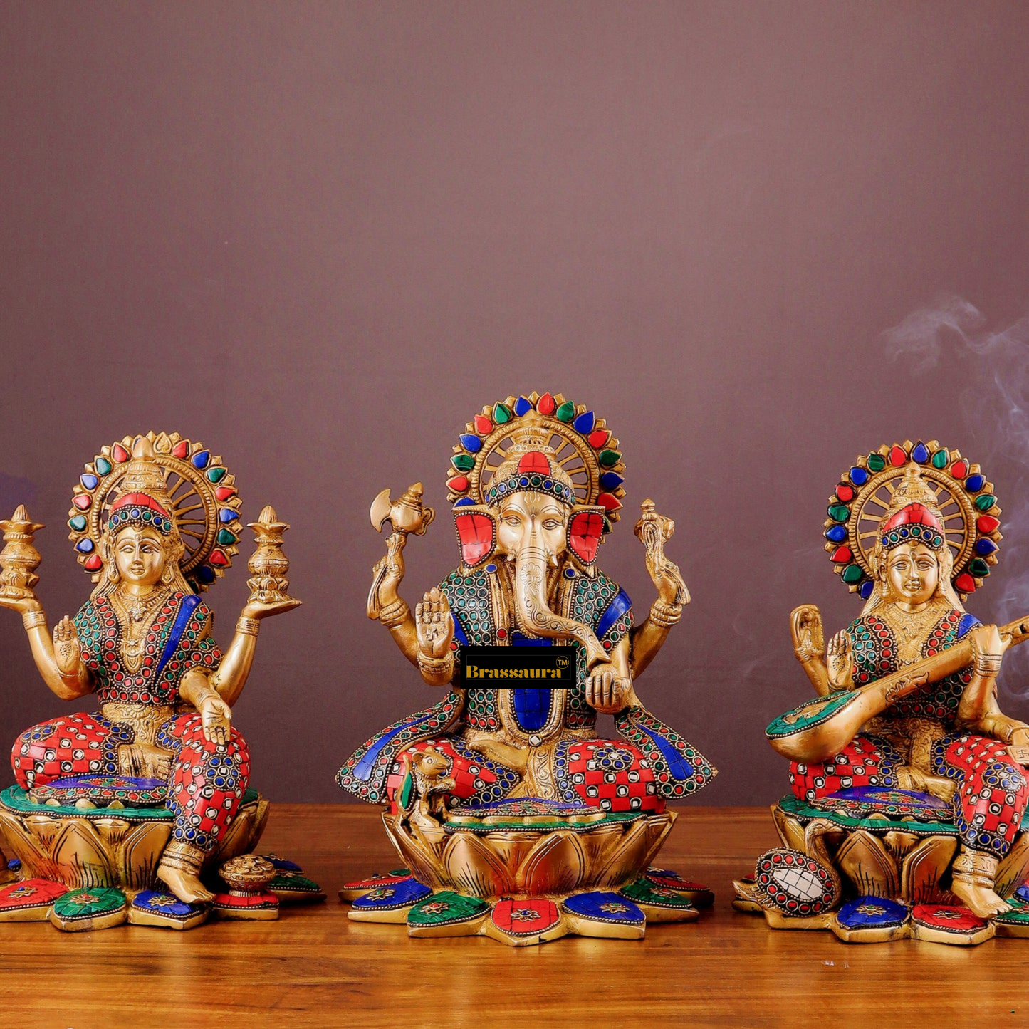 Brassaura™ Brass Gemstone Work Ganesha, Lakshmi & Saraswati Idol Set – 12 Inch Height | 19 kg | Multi-Coloured | Spiritual Home & Diwali Décor Gift