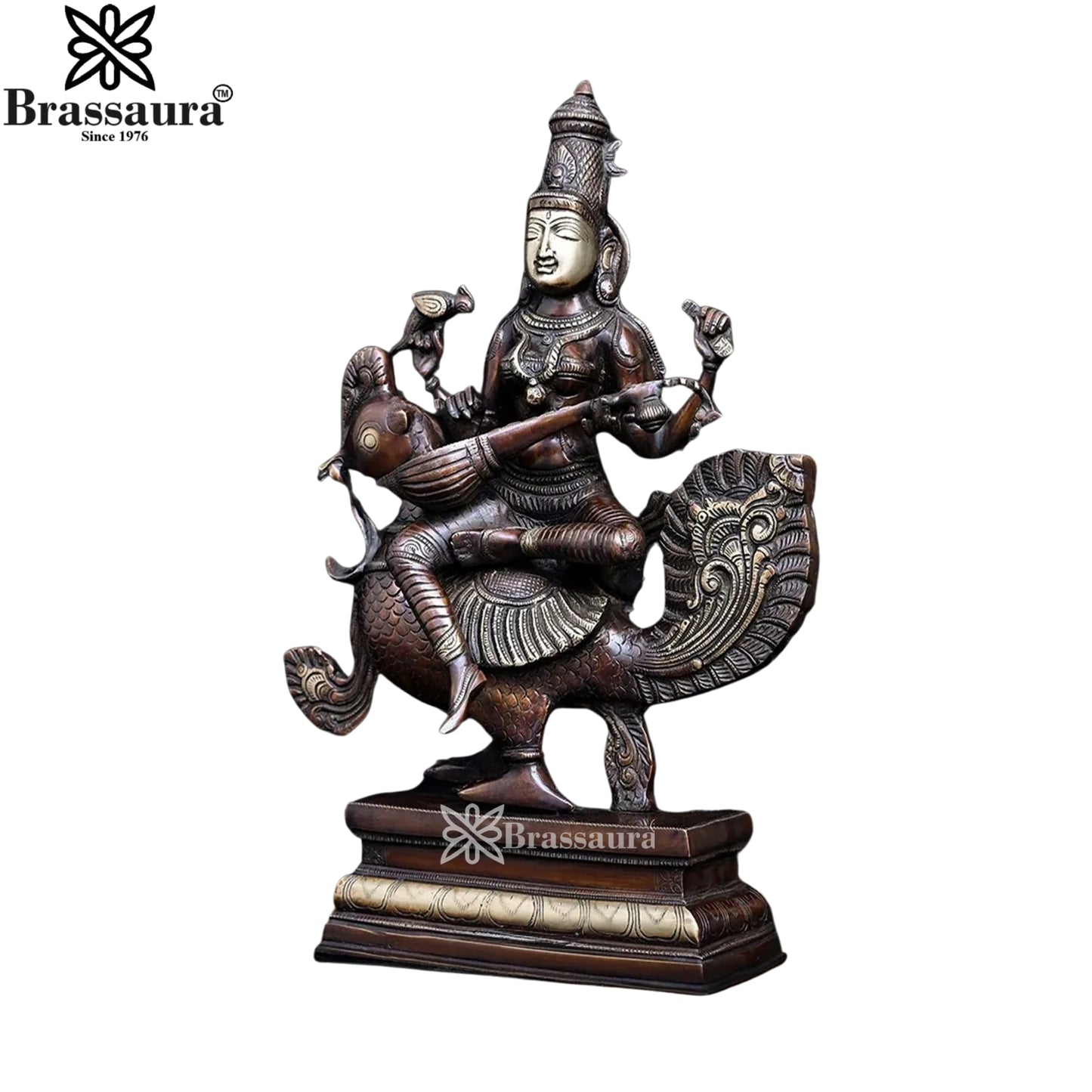 Brassaura™ Brass Saraswati Mata Murti – Height 19 Inches & Weight 15 Kgs | Puja & Worship Idol