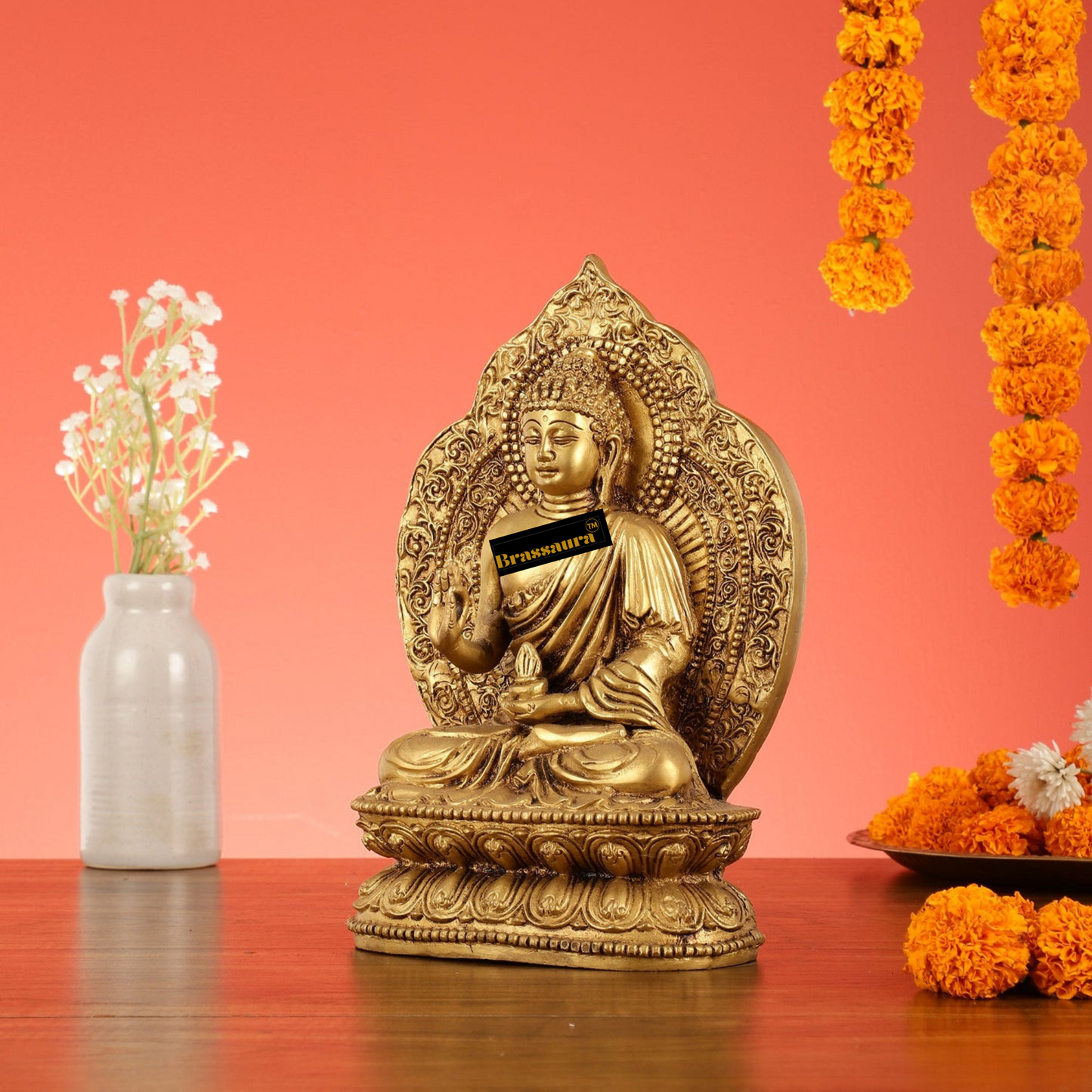 Brassaura™ Brass Standard Buddha Idol – Height 10.5 Inches | Weight 5.5 Kgs | Home & Spiritual Decor