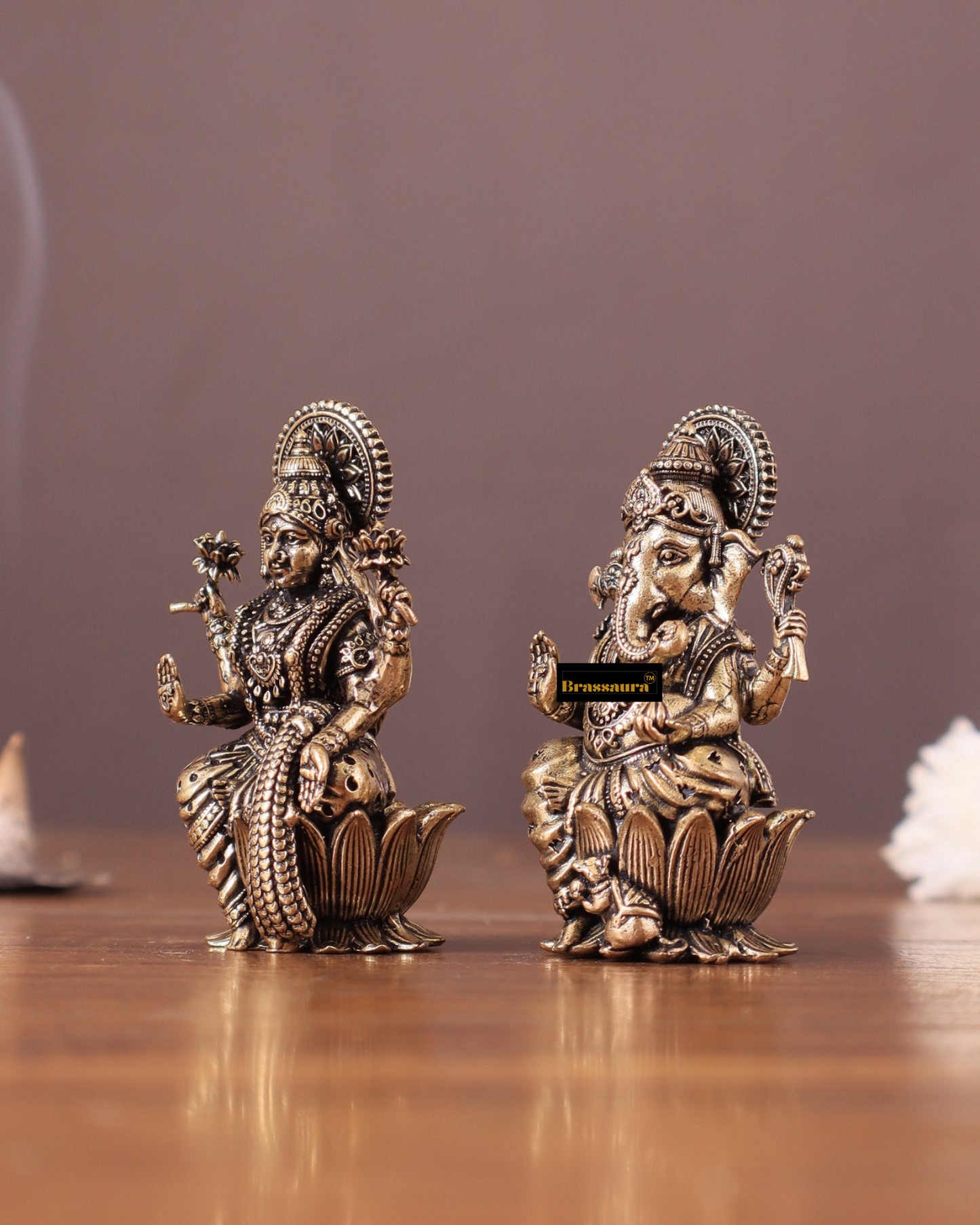 Brassaura™ Pure Brass Superfine Small Ganesh Lakshmi Idols – 2.5" Height, 180 gm – Intricately Crafted Divine Duo