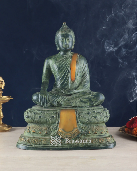 Brassaura™ Pure Brass Blessing Buddha Idol – Height 15 Inches, Weight 7.43 Kgs