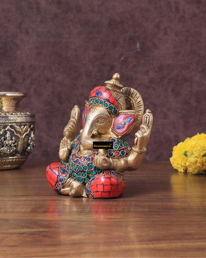 Brassaura™ Pure Brass Meenakari Lord Ganesha Idol – 6" Height, 1.8 kg – Handcrafted with Natural Colour Stones