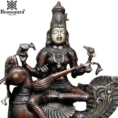 Brassaura™ Artistic Brass Saraswati Idol – Height 19 Inches & Weight 14.2 Kgs | Puja & Temple Décor