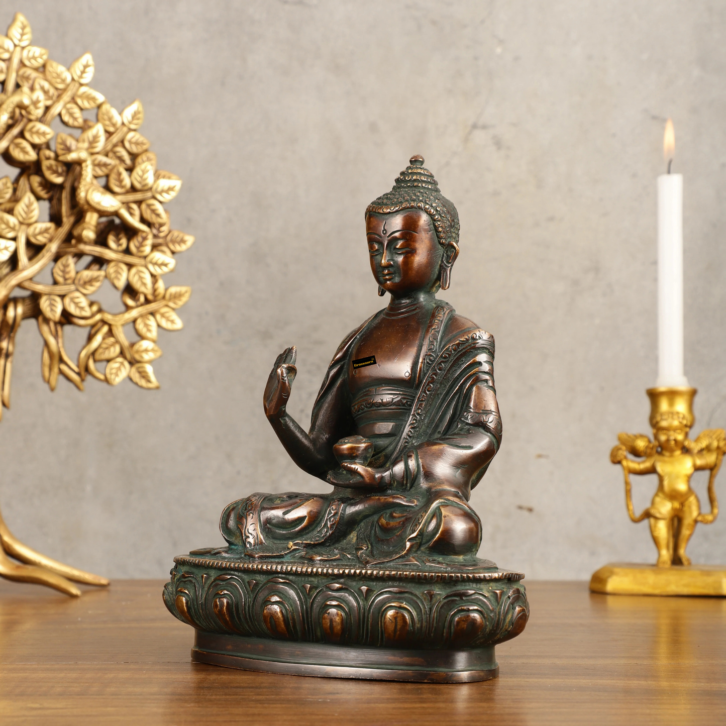 Brassaura™ Pure Brass Buddha Statue in Antique Finish – Height 8 Inches, Weight 2.25 Kgs