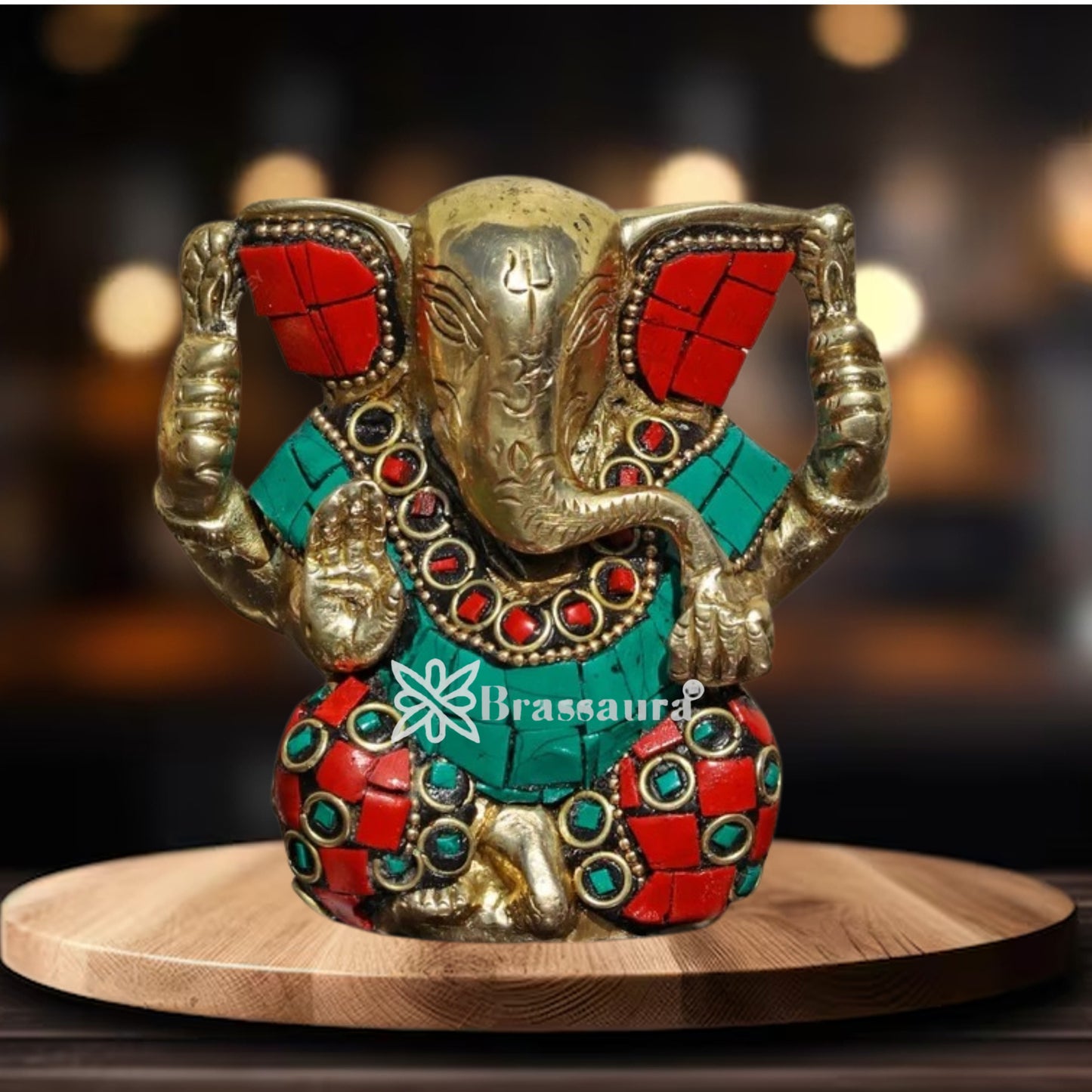 Brass Gem Stone Work Ganesha Statue Weight .6 Kg And Height 9.5 Inch
