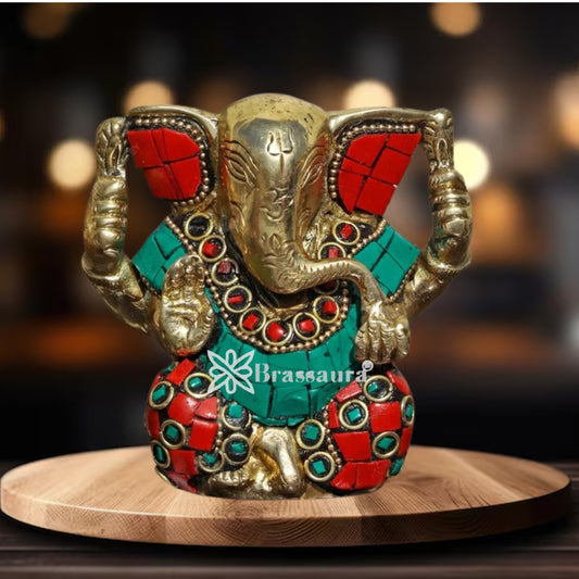 Brass Gem Stone Work Ganesha Statue Weight .6 Kg And Height 9.5 Inch