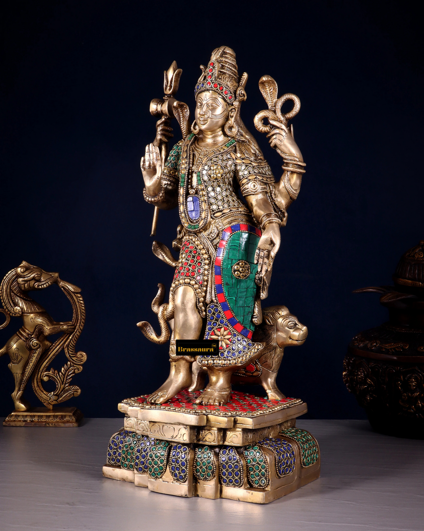 Brass Gem Stone Work Aardhnareshwar Idol for Home and Decor | Weight 10 Kg Height 19 inch | Multi-Coloured