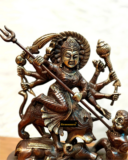 Brassaura™ Brass Goddess Durga as Mahishasura Mardini Idol – 8kg, 13.5-Inch – Fierce & Protective Divine Energy in Pure Brass