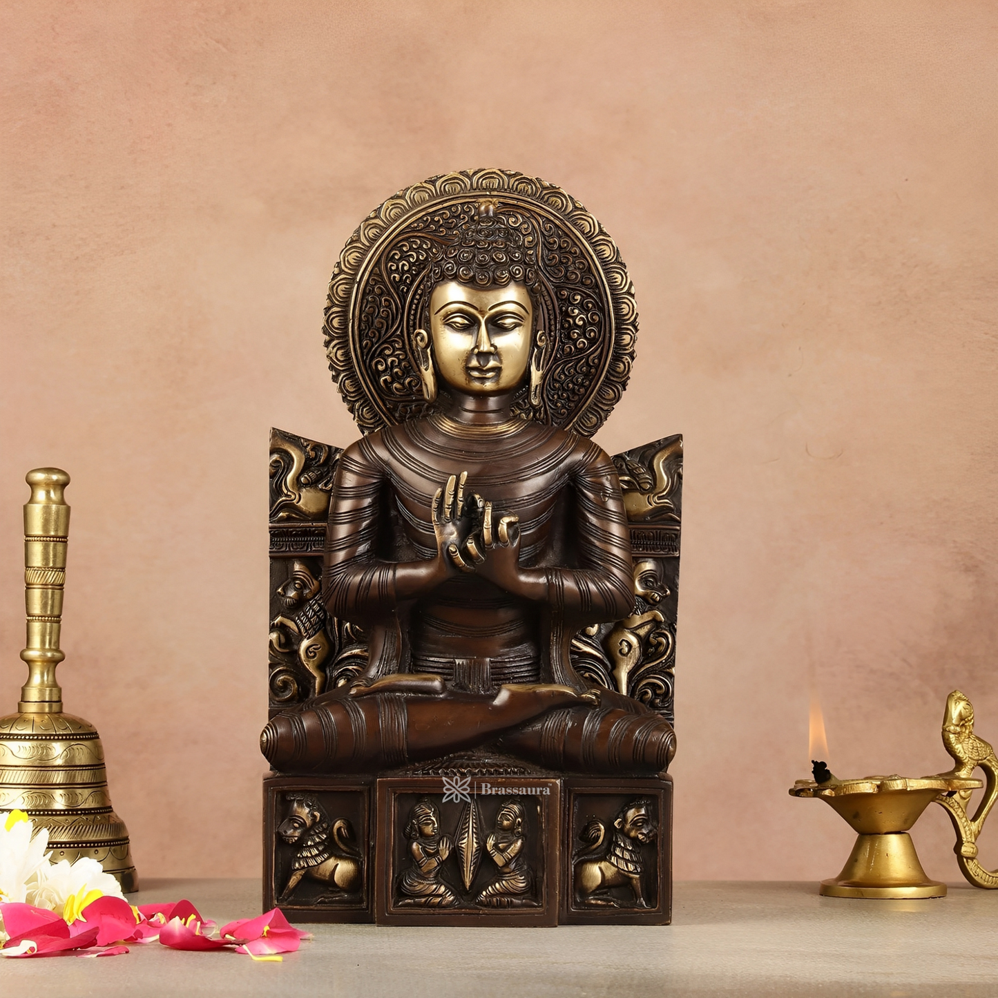 Brassaura™ Pure Brass Buddha Statue in Dharmachakra Mudra – Height 11 Inches & Weight 4.8 Kgs