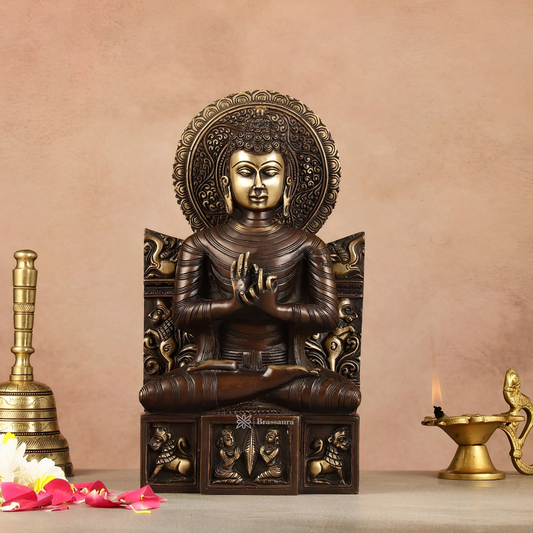 Brassaura™ Pure Brass Buddha Statue in Dharmachakra Mudra – Height 11 Inches & Weight 4.8 Kgs