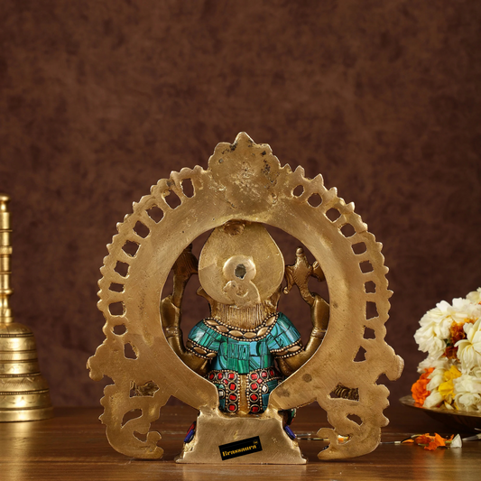 Brassaura™ Handcrafted Brass Ganesha Idol – Meenakari Stonework | Height 9.5 Inches, Weight 3 Kgs