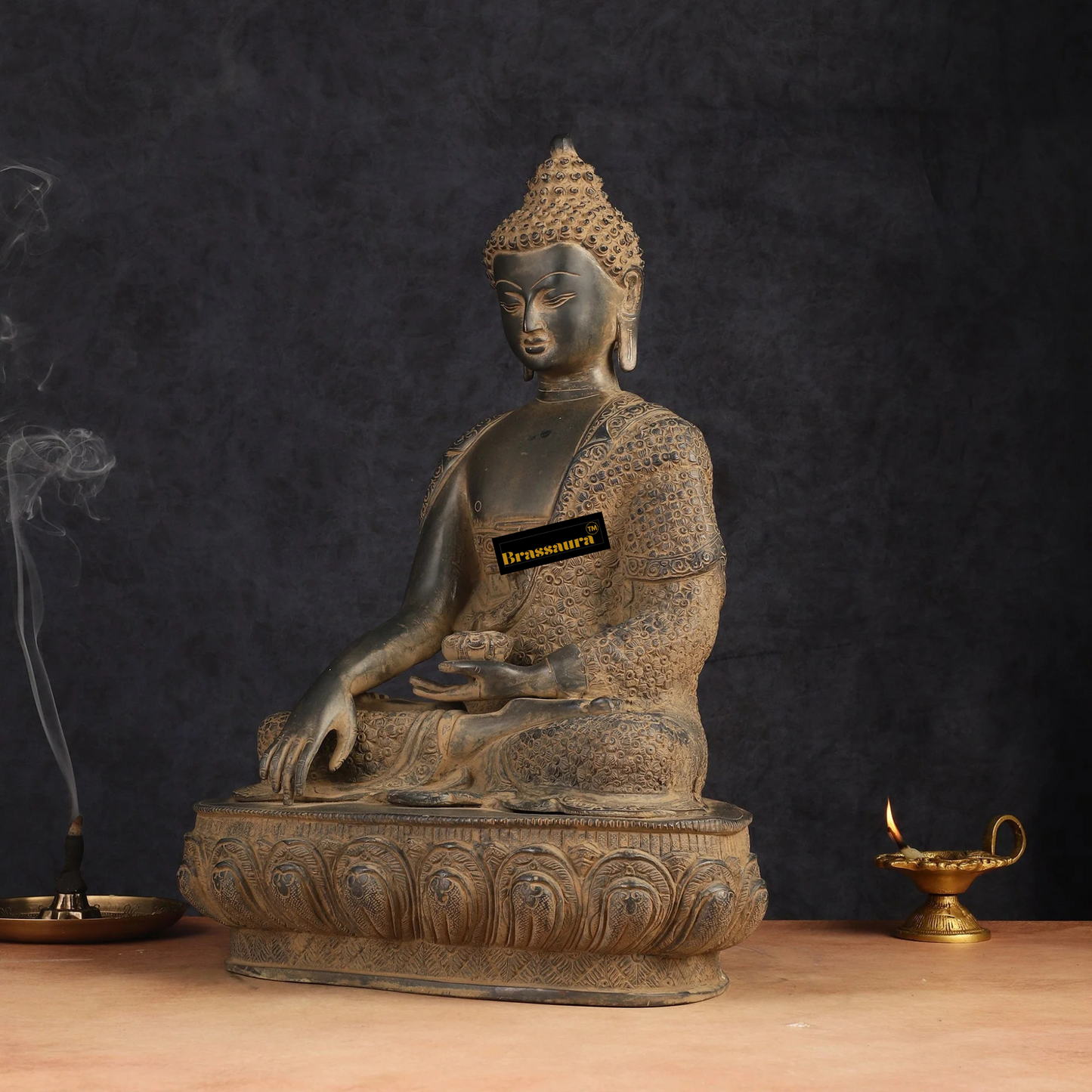 Brassaura™ Pure Brass Buddha Statue – Earth Touching Mudra with Medicine Bowl – Height 16 Inches, Weight 11 Kgs