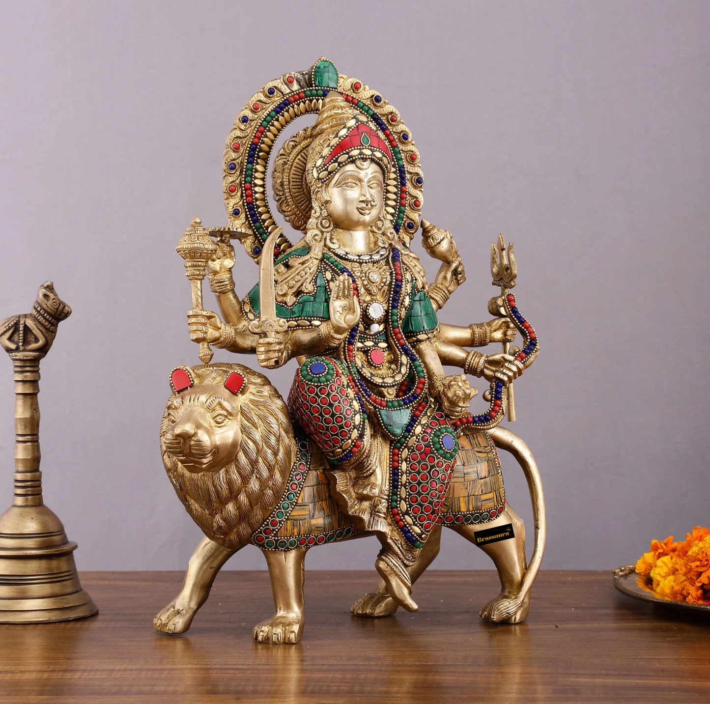 Brassaura™ 15-Inch Brass Durga Mata Idol – 10kg – Handcrafted Statue with Meenakari Stonework for Home Temple & Sacred Décor