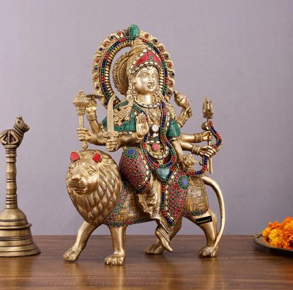 Brassaura™ 15-Inch Brass Durga Mata Idol – 10kg – Handcrafted Statue with Meenakari Stonework for Home Temple & Sacred Décor